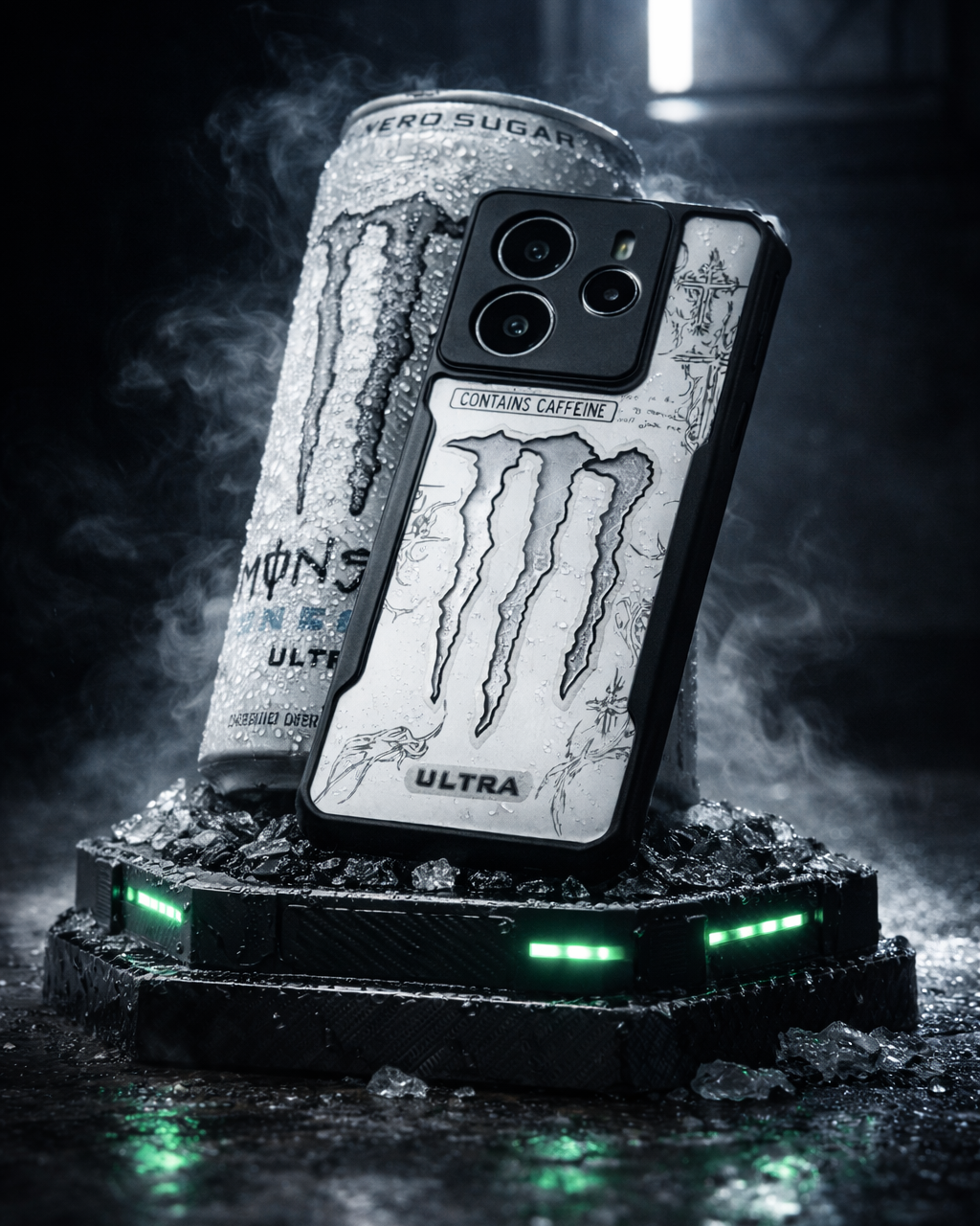Phone case with Monster Energy branding on a dark background